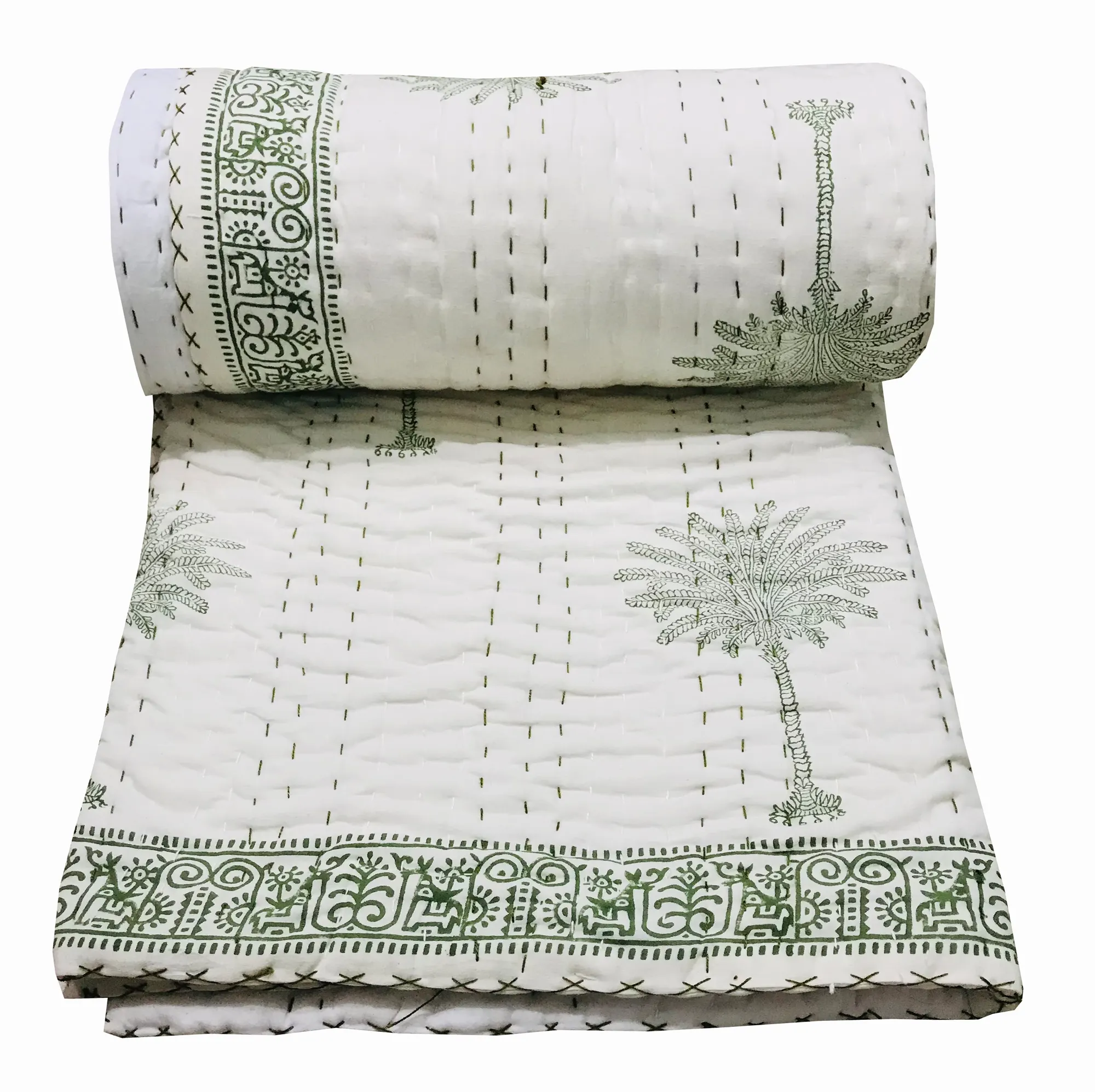 Couverture de lit en coton à imprimé bloc à main jaikuri Kantha