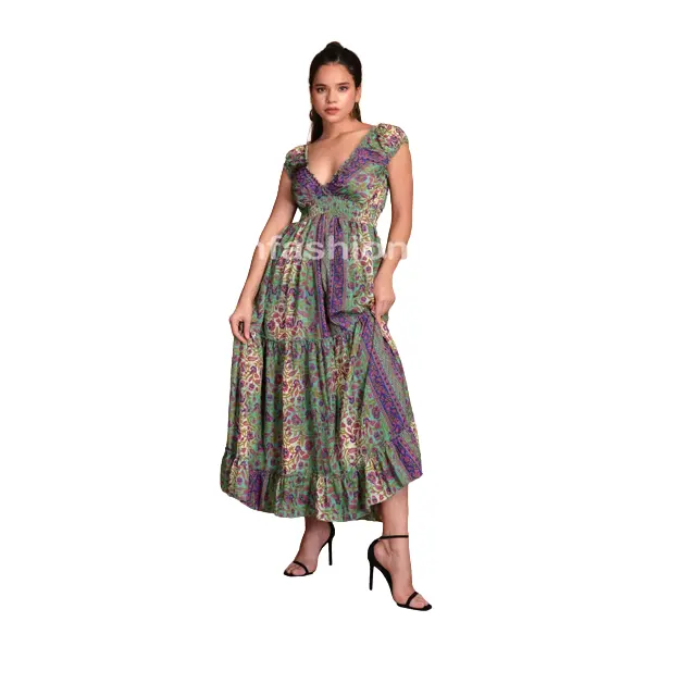 Düşük fiyatlar Bohemian rahat bir çizgi uzun Maxi yan yarık maxi elbise Resort aşınma ipek maksi elbise yaz moda