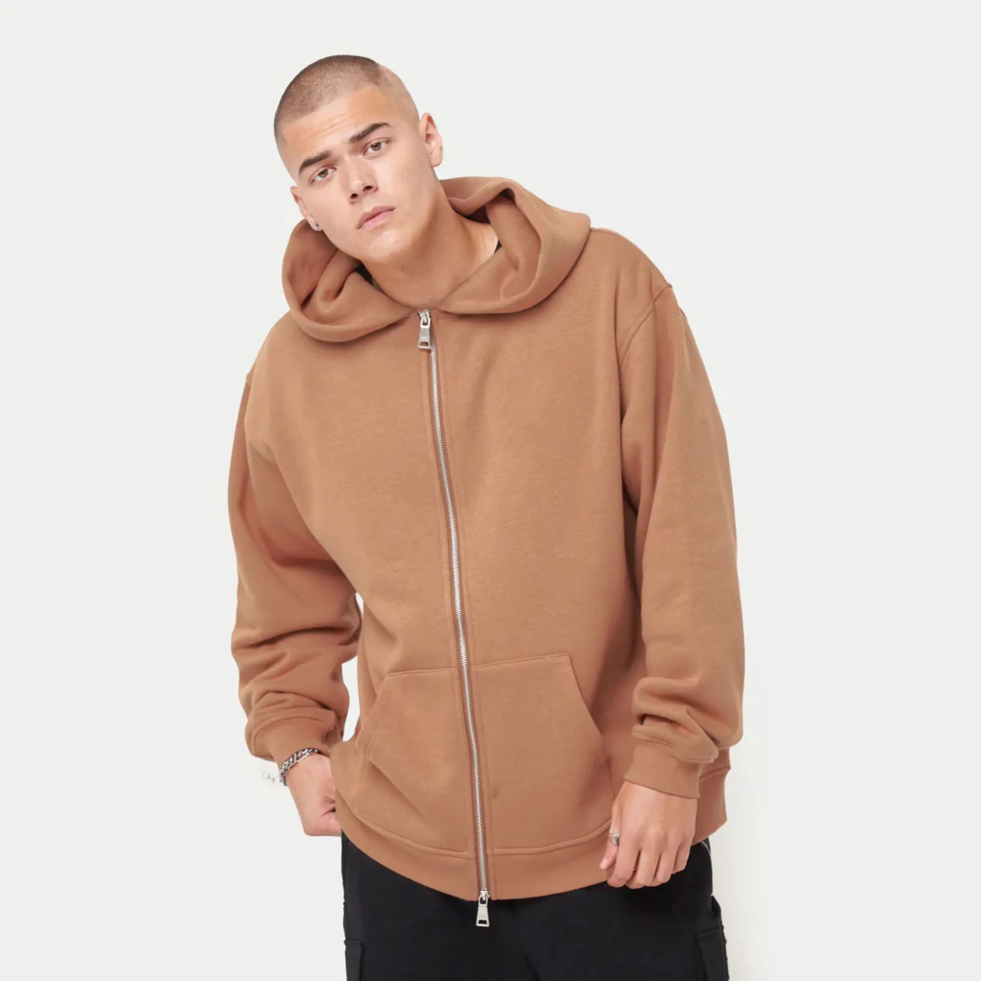 80% Cotton 20% Polyester Dropped shoulders Zip-front style Kangaroo Pockets Ribbed hem and cuffs Mustard Brown Oversized Hoodie