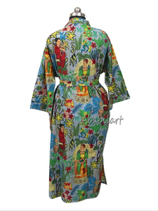 Multicolor Floral Long Kimono Beachwear Robe Indian Cotton Gown Bathrobe