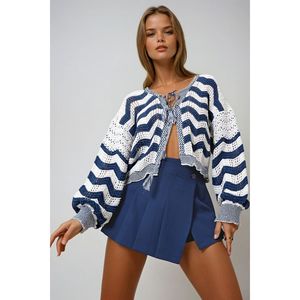 Cardigan lavorato a maglia a righe blu Navy Bon legato da donna per l'inverno - Product Image 2