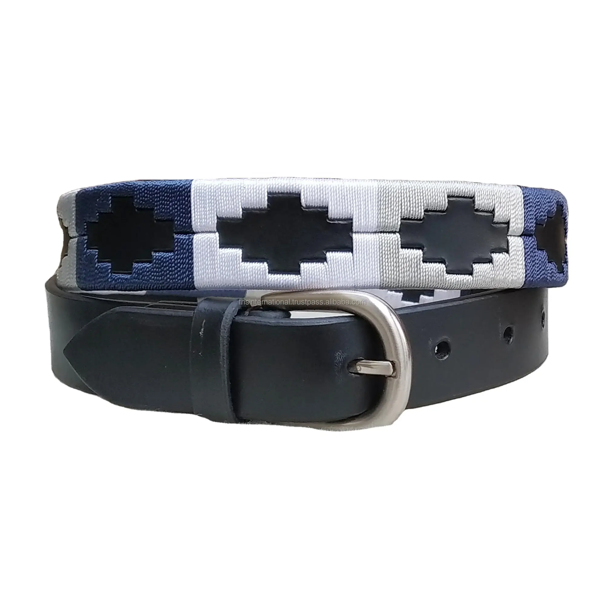 Trendy Handmade Leather Polo Sports Belt -Navy Blue, Grey and White Thread Combination