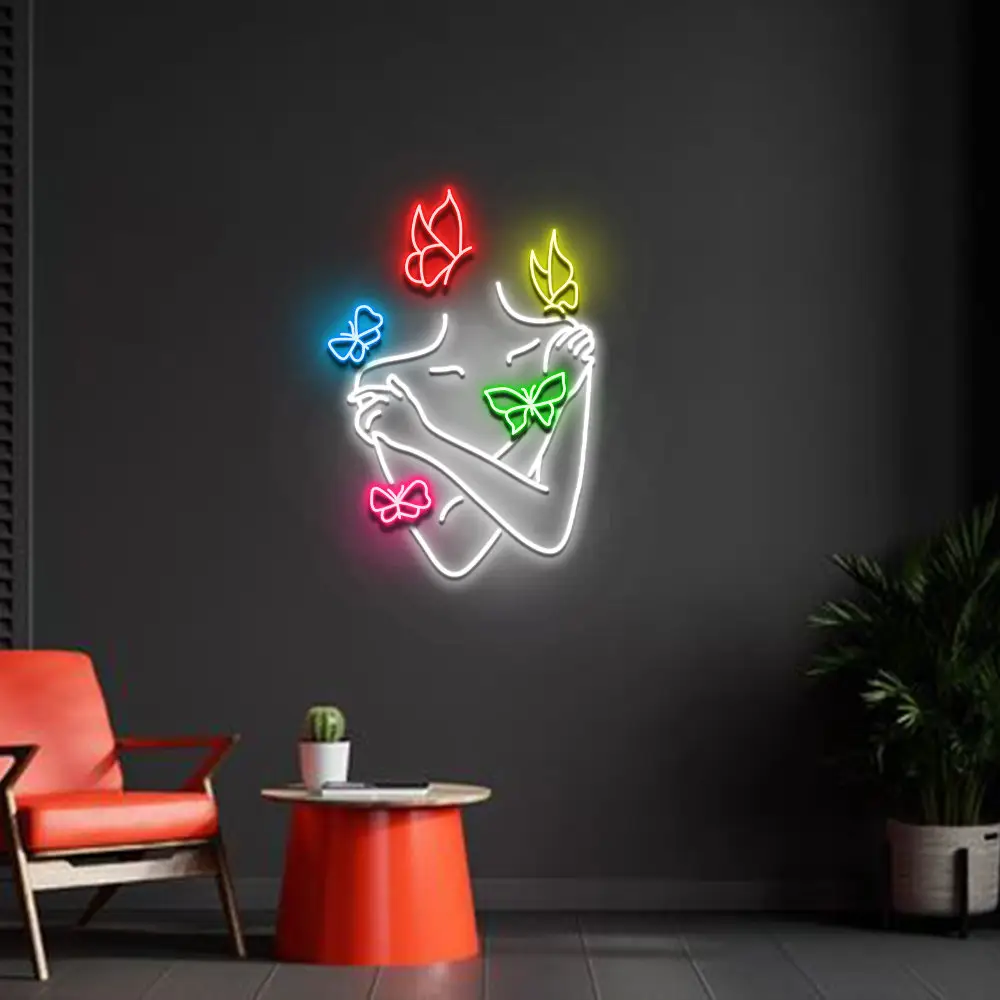 Letrero de neón LED de mariposa personalizado, diseño de arte estético para el logotipo de la empresa de la tienda, ideal para la decoración de la pared