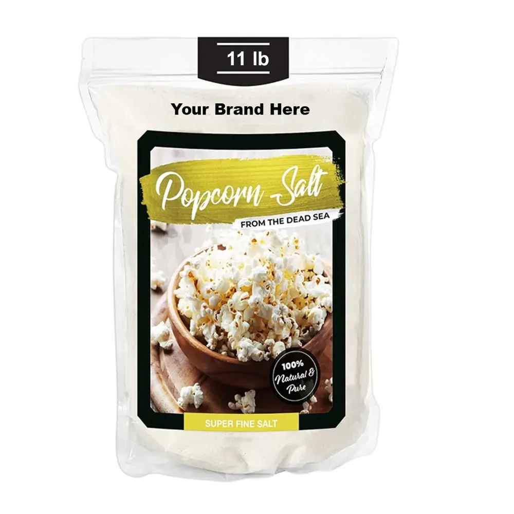 Sal de palomitas de maíz Premium de etiqueta privada 11lb El condimento de textura fina y sabroso del Mar Muerto para un estallido perfecto Hecho en EE. UU.