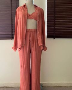 女式扎染棉绉纱三件套红色长袖全长自由尺寸夏季沙滩度假编织 - Product Image 3