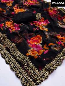 Hint tarzı nakış ile çiçek baskı Sari ile etnik Georgette iş kesme iş dantel sınır ve bangbangbluz ile büyük dantel - Product Image 5