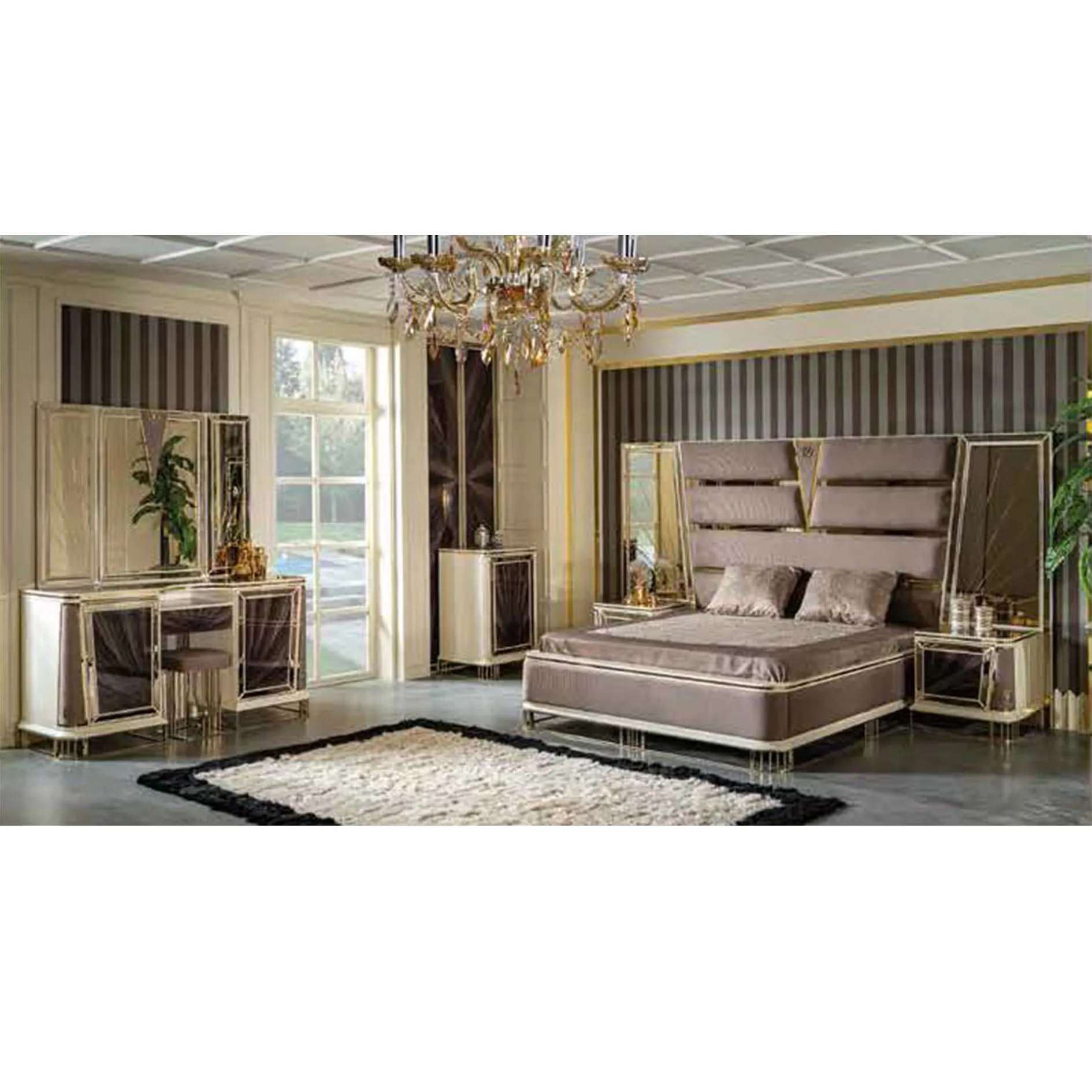 Conjunto de muebles de dormitorio de lujo con armario funcional, mueble lujoso y brillante para el hogar, mueble turco, cama King size