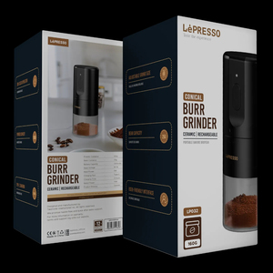 LePresso便携式自动电动锥形毛刺研磨机，用于家用汽车户外和酒店，带玻璃外壳