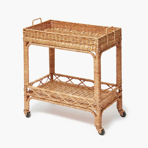 Premium doğal dokuma Rattan hasırdan yapılmış tekerleklerle el işi Rattan servis arabası servis arabası. - Product Image 1