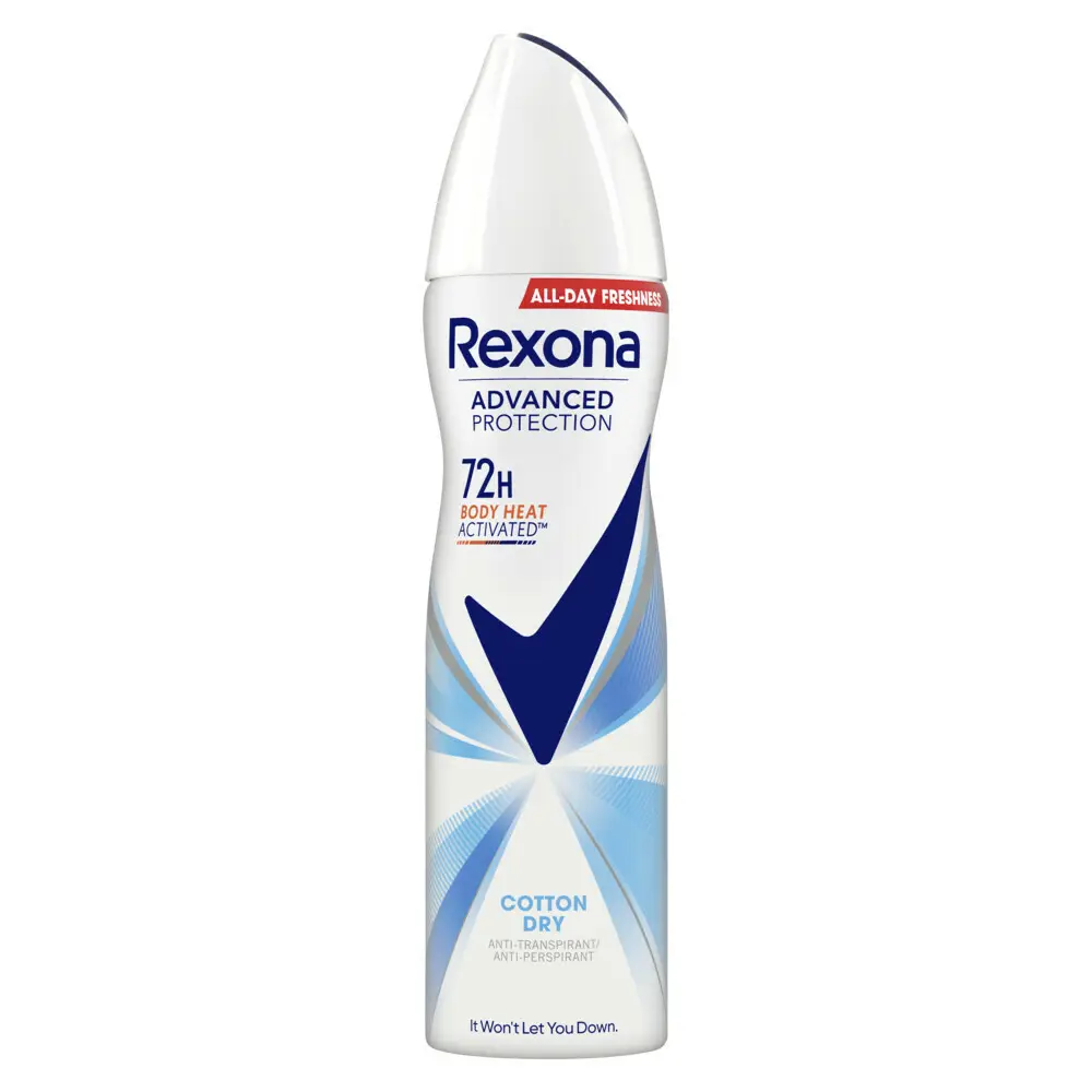 Desodorante Rexona em spray de proteção avançada para homens e algodão, desodorante antitranspirante 72H+ de proteção avançada para exportação