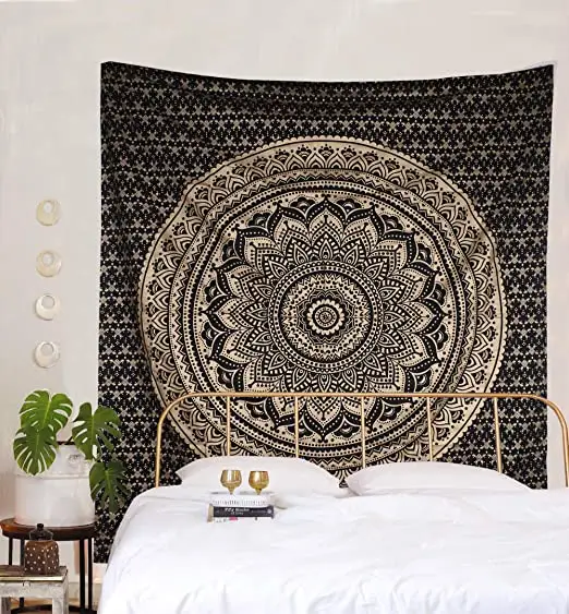 Mandala Hippie para ventana, decoración para balcón, sala de estar, 100% algodón, India, cortina negra, ventana, puerta, tela de algodón, bolsa de PVC