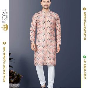 <strong>Designer</strong> Latest <strong>Kurta</strong> Round <strong>Neck</strong> Collar with Simple Sequence Work Mens <strong>Kurta</strong> Pajama Set Wholesale Cheap Rate Surat - Product Image 4