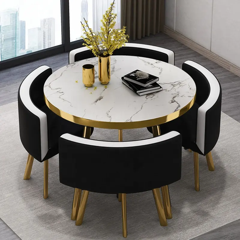 Modern uzay tasarruf küçük ev yemek mobilya restoran yuvarlak mermer altın paslanmaz çelik yemek masası ve 4 sandalye seti