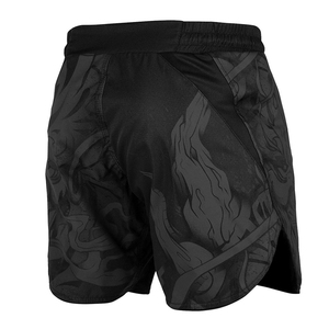 カスタムプレーンブラックMMAショーツ昇華グラフィックプリント付きベルクロウエストロングカットデザイン軽量生地MMAショーツ - Product Image 4