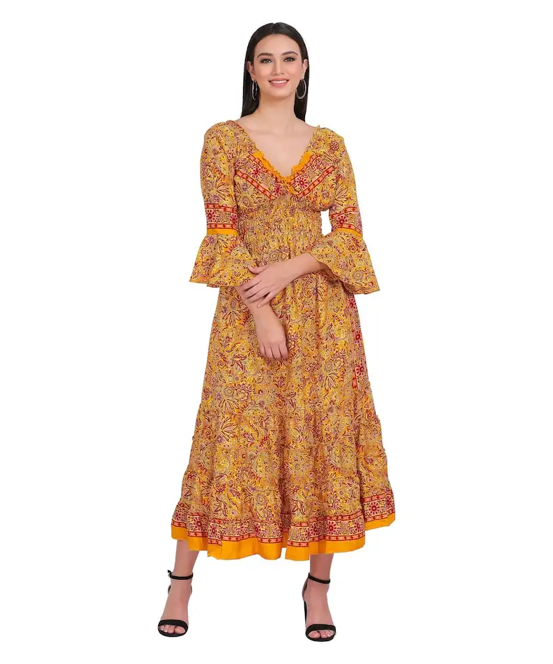 Abbigliamento per la casa con stampa floreale a blocchi disponibile alla rinfusa in cotone indiano abito elegante bohémien Maxi abito da donna