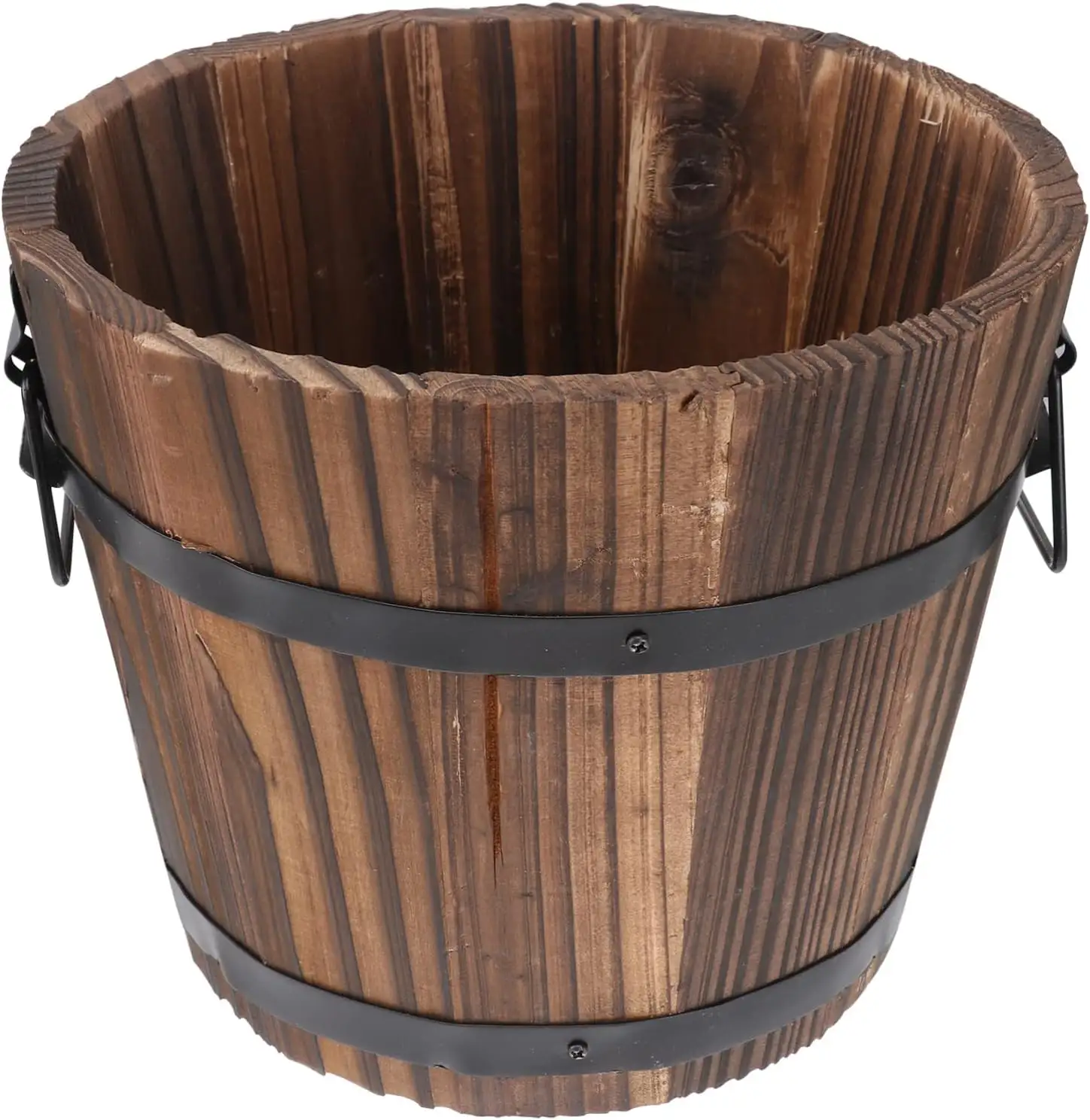 Venta caliente maceta de barril de whisky de madera maceta de barril redondo de madera de alta calidad para plantas de interior y exterior a la venta