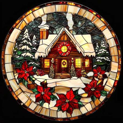 Christmas cabin with poinsettia border