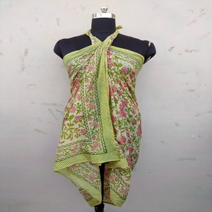 Custom Made Silk Screen Printed <strong>Sarongs</strong> Ideal for Beach Wear and Fashion Accessory Stores in <strong>Pink</strong> Flower with Green Leave - Product Image 1