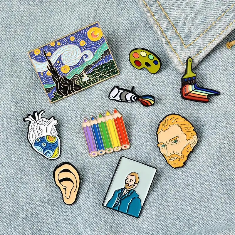 Genius Painter-Pin esmaltado de Van Gogh, brocha personalizada, pintura al óleo, insignia, camisa, Pin de solapa, hebilla, regalo de joyería para amigo