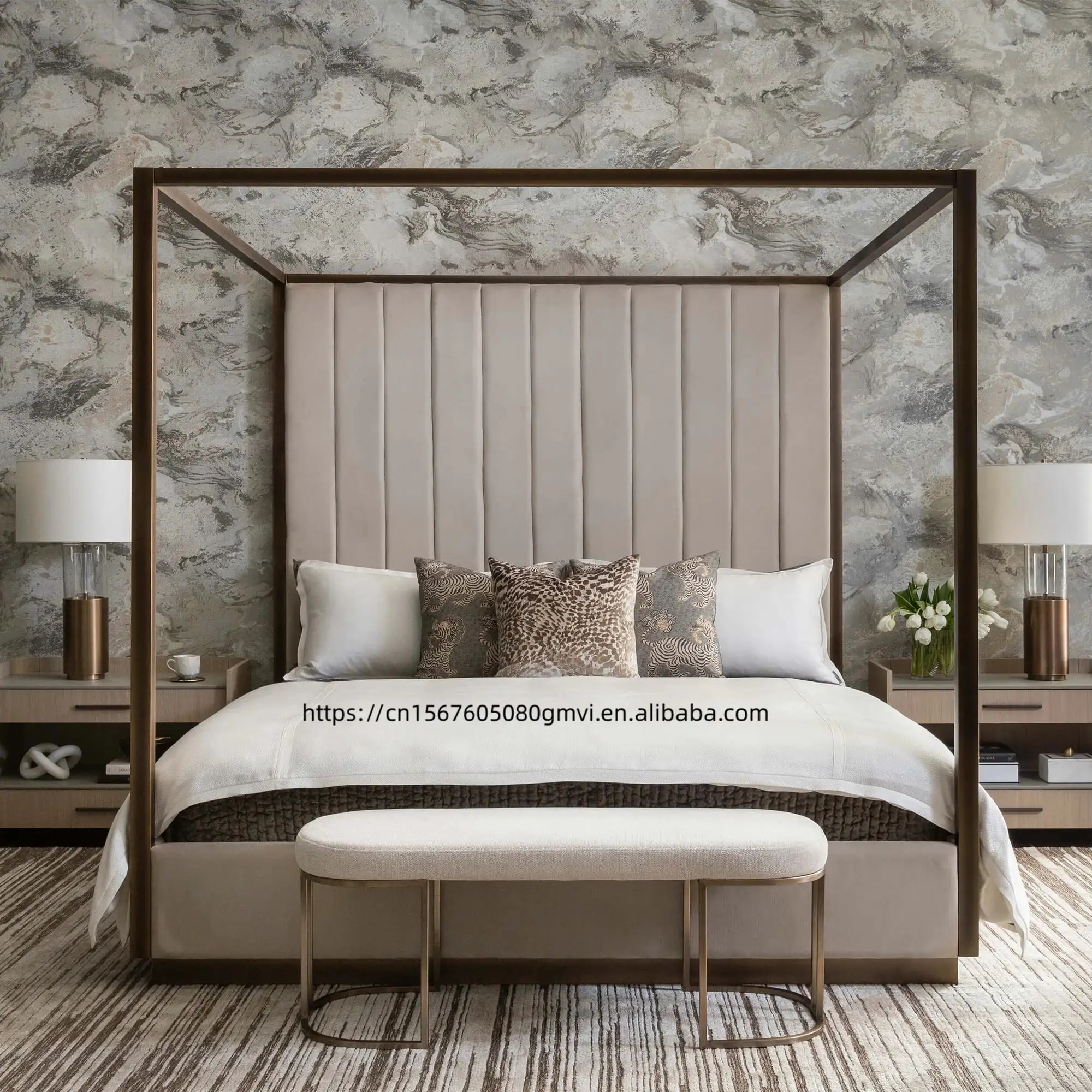 Amerikaanse Licht Luxe Moderne Metalen Luifel Post Bed Kingsize Bed Custom Indoor Luxe Slaapkamer Meubelset