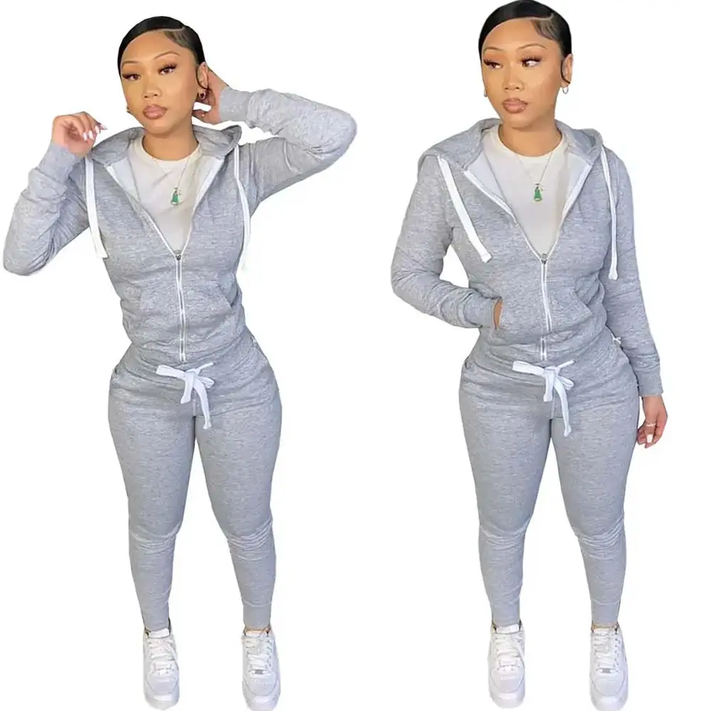 Hoodie Ritsleting Wanita Buatan Khusus Lengan Panjang Saku Celana Jogging Kasual Jumpsuit 2 Potong Pakaian Olahraga