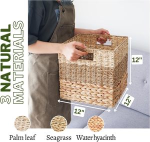 Khối lưu trữ wicker tự nhiên, Thùng Lưu Trữ <span class=keywords><strong>12x12</strong></span>, Bộ 4 giỏ lục bình nặng cho kệ, giỏ vuông có thể gập lại - Product Image 4