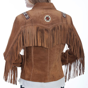 Amerikan tarzı moda boncuklu uzun kollu hakiki inek deri saçak batı ceket Cowgirl kahverengi deri kadın batı ceket - Product Image 2
