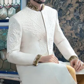 NEW--ELEGANT Borduurwerk Op Witte Sherwani Met Stola Op Zijden Stof En Ook Bijpassende Schoen Met Jurk Voor Feestkleding/Bruiloft @ 2023