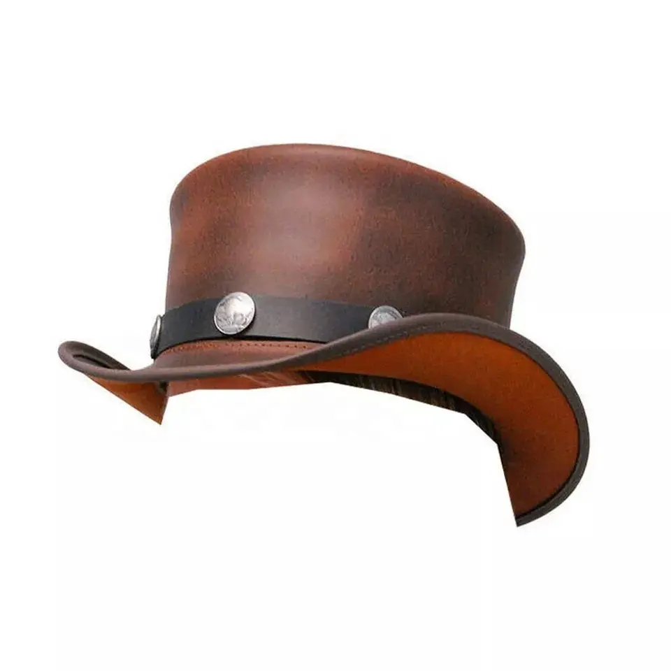 Chapéu de couro marrom para motociclistas, chapéu de motor de Buffalo, design personalizado, OEM para homens e mulheres, 100% premium louco