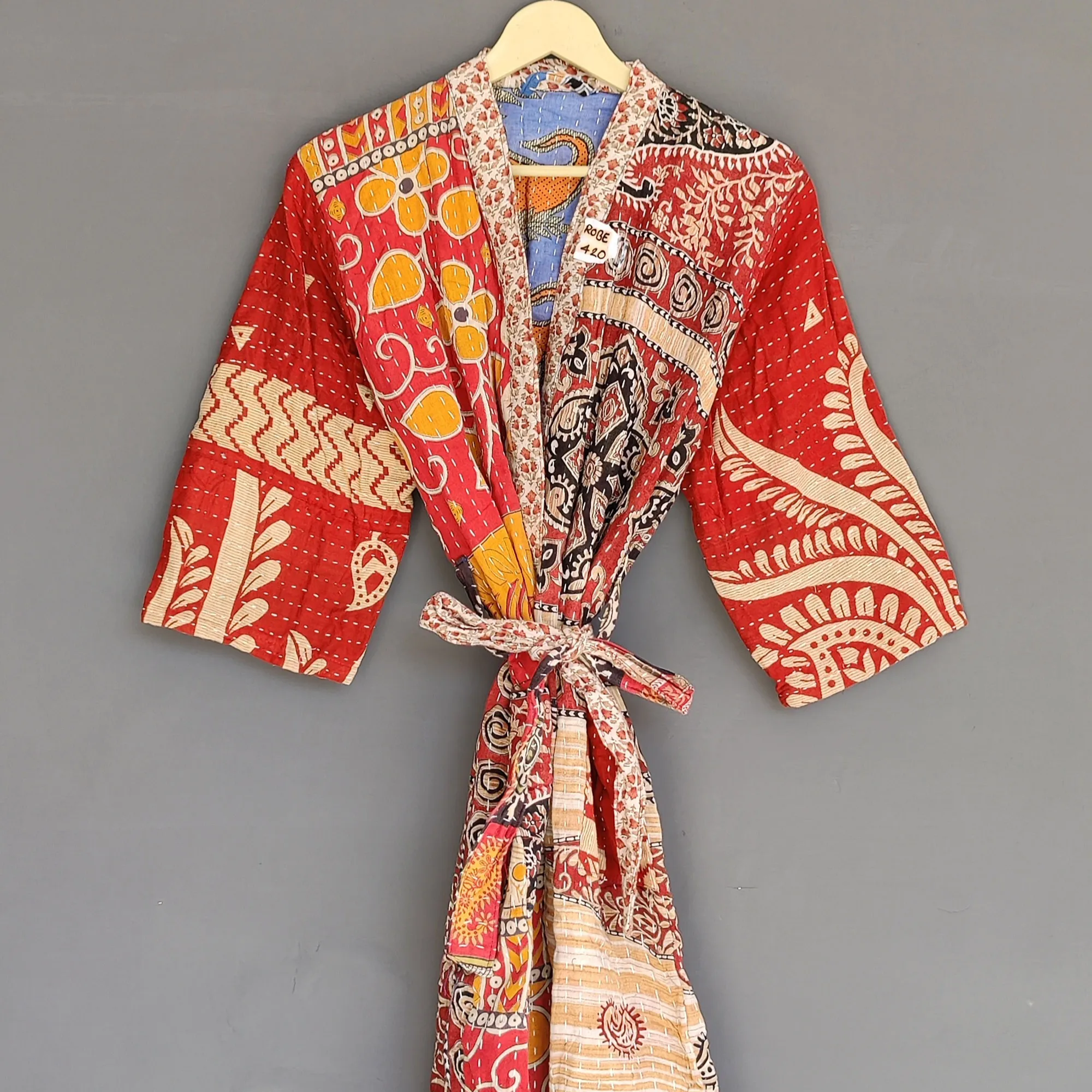 Hand Block Impresso Kantha Kimono, Handmade Japanese Kimono Style Black Print Kantha Robe, Casacos de inverno Kimono Robe