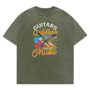 Unisex yıkanmış T-Shirt gitar <span class=keywords><strong>Hillbilly</strong></span> müzik Vintage grafik ülke batı Retro bant Fan giyim