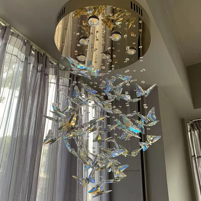 Lampadari a farfalla in cristallo produttore lampadario di cristallo personalizzato a soffitto lungo per la casa dell'ingresso dell'hotel a cinque stelle di lusso