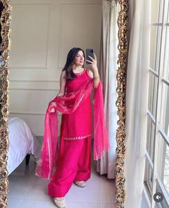 Yeni tasarımcı koleksiyonu doğal Crep saten üst & Farshi & Dupatta Set tamamen dikişli hazır aşınma seti - Product Image 1