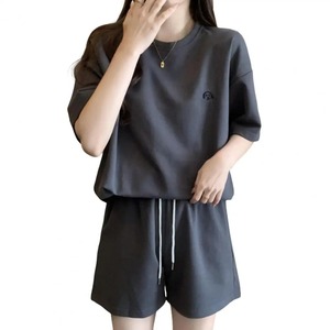 女性用女性用スポーティなトラックスーツセットハイウエスト半袖Tシャツドローストリング付き弾性ウエストショーツ女性用