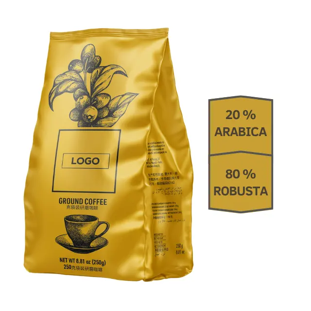 Uw Logo Uw Merk Gemalen Koffie Vacuüm 250G Zak Espresso Gebrande Koffiebonen 20% Arabica 80% Robusta Voor Export