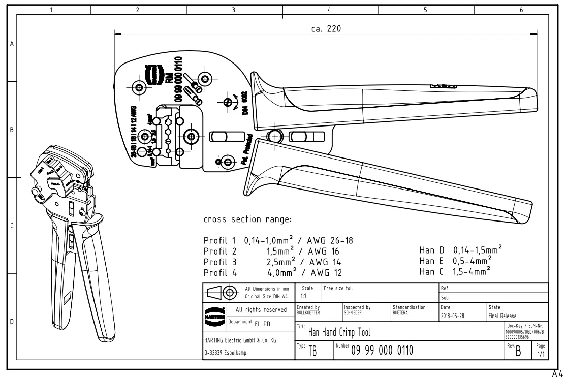 Nuevo y original Harting 09990000110-Herramienta de crimpado manual Han