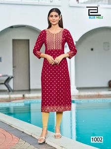 Fancy Rayon 14KGホイルプリントKurtisザリ刺繍シーケンス & スレッド作品インド & パキスタン服 - Product Image 2