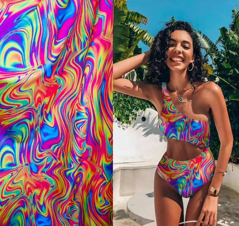 Roupa de banho de lavanda em tecido elástico com estampa abstrata de lava multicolorida para roupa de banho