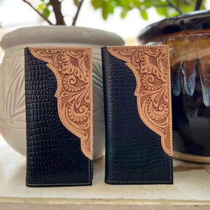 复古西式长款钱包，配有射频识别功能工具碎花皮革细节，黑色搭扣，适合礼品 - Product Image 1