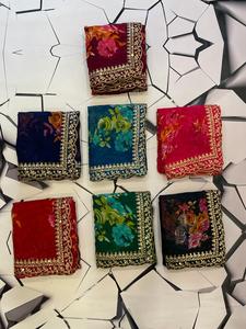 Işlemeli Cutwork dantel hint ve pakistan düğün ve parti tarzı takım elbise ile zarif çiçek baskı ipek Sari - Product Image 6