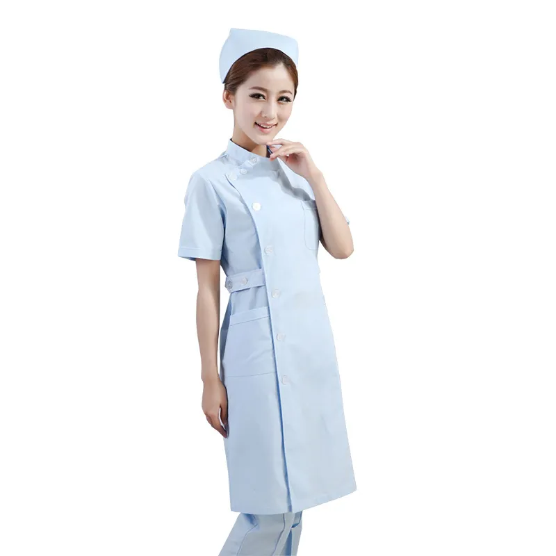 Vestidos de uniforme de enfermera para mujer, cuello mandarín, manga corta, botón inclinado, frontal, médico, Hospital, enfermera, bata de laboratorio, vestido