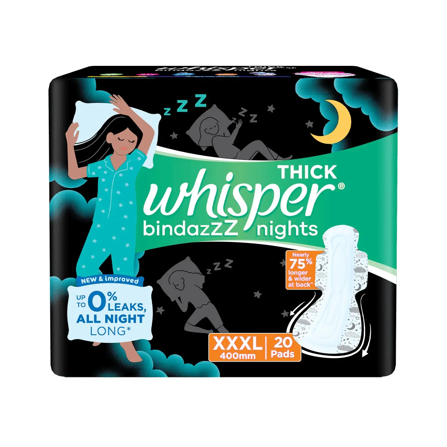 Serviettes hygiéniques Whisper Ultra Clean pour femmes, XL + et serviettes hygiéniques Whisper Ultra Night pour femmes, XXXL +.