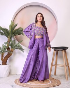 Tasarımcı işlemeli Georgette kırpma üst Plazo partiler için kadınlar için hint nedime hint Pakistani tarzı Kurti Koti Set - Product Image 4