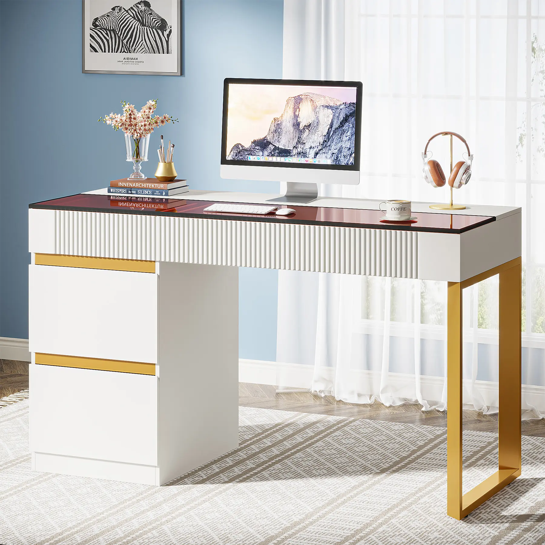 47 Polegada Escrita Workstation Desk Modern Home Office Computer Desk com Vidro Top