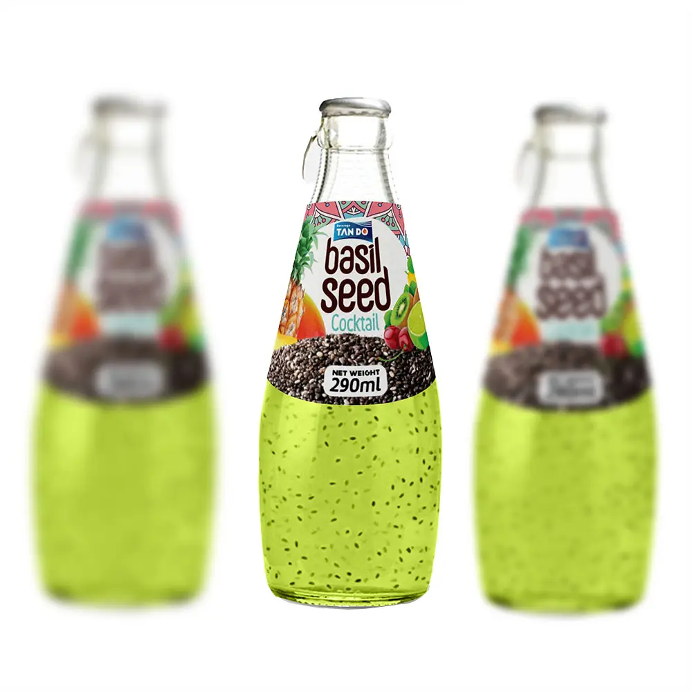 Bebidas de sementes de manjericão premium com suco de frutas em garrafa de vidro 290ml, atacado/marca própria, Vietnã - Design grátis - Amostra grátis
