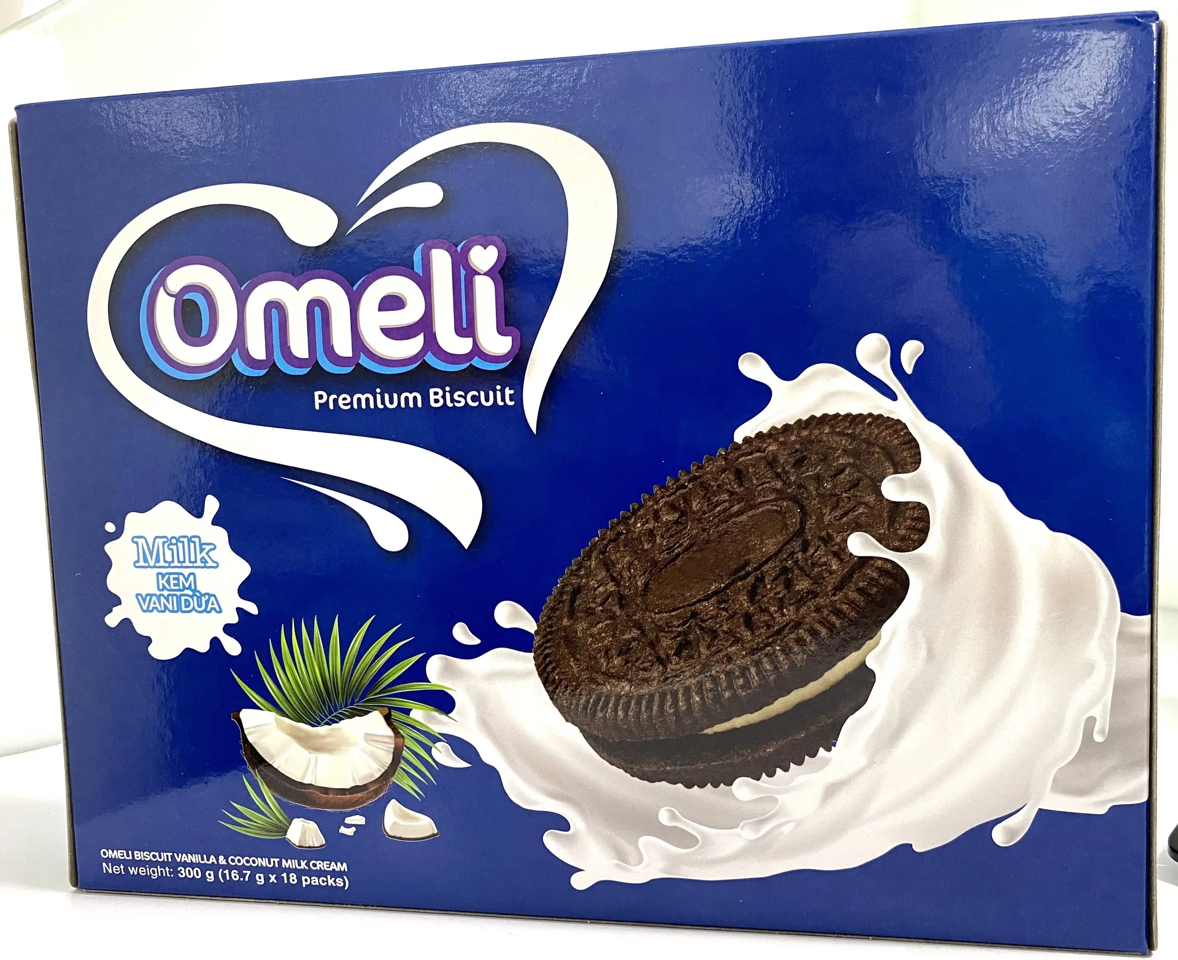 प्रीमियम उच्च गुणवत्ता नई चॉकलेट बिस्कुट वाणी में क्रीम ब्रांड Omeli कागज बॉक्स 300gr-नारियल का दूध स्वाद