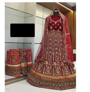 Hindistan'dan doğrudan yetişkinler için zengin nakış ağır sınır ve <span class=keywords><strong>Net</strong></span> Dupatta ile en kaliteli kadife Lehenga Choli