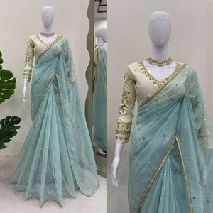 Tasarımcı Adults parti kıyafeti Sari bluz hint pakistanlı yeni Sari yetişkinler için düğün Net kumaştan yapılmış - Product Image 2