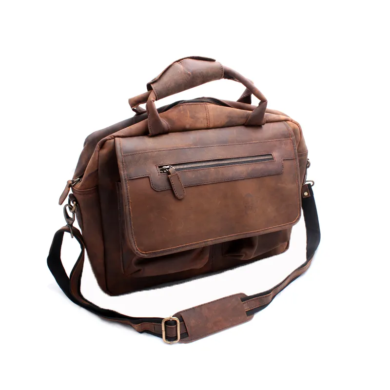 Borsa a tracolla in pelle da uomo marrone borsa rigida grande realizzata a mano di alta qualità borsa per Laptop con cerniera genuina Vintage