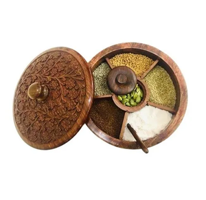 <strong>Admirable</strong> Design Wooden Spice Box 6 Compartment with Latest Lid Round Shape and Spoon for Kitchenware Use - Product Image 1